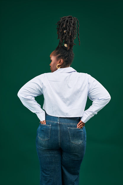 "Zahara" Poplin Crop Shirt- Blue Pinstripe