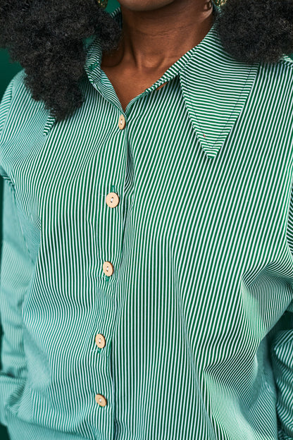 "Out of Office” Oversize Shirt- Green Pinstripe