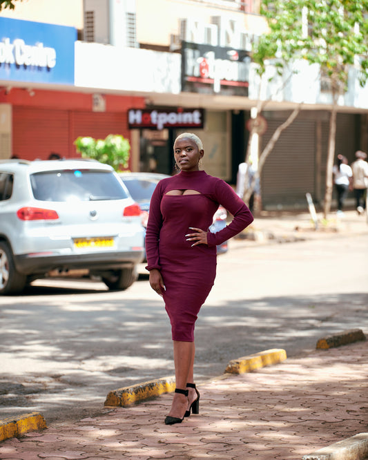 "Cutting Edge" Bodycon Ribbed Dress- Burgundy
