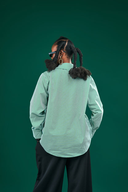 "Out of Office” Oversize Shirt- Green Pinstripe