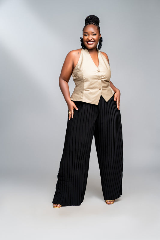“Pleats Please" Pleated Wide Leg Pants- Black