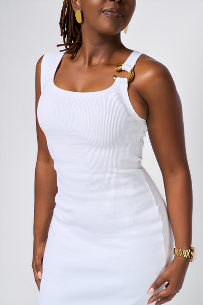 “Merry Fine" Ribbed Maxi Bodycon Dress- White