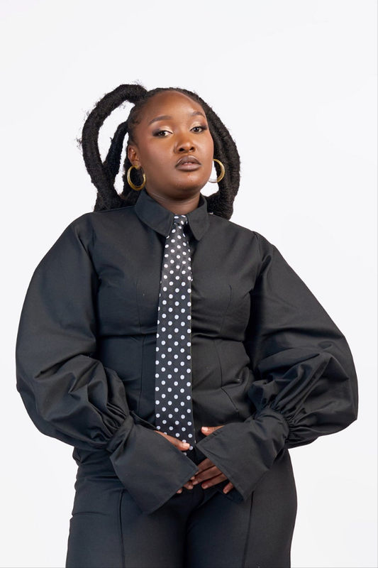 "Olivia Pope " Lantern Sleeve Cotton Shirt- Electric Black