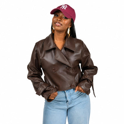 “Espresso Edit” Vegan Leather Crop Trench Coat