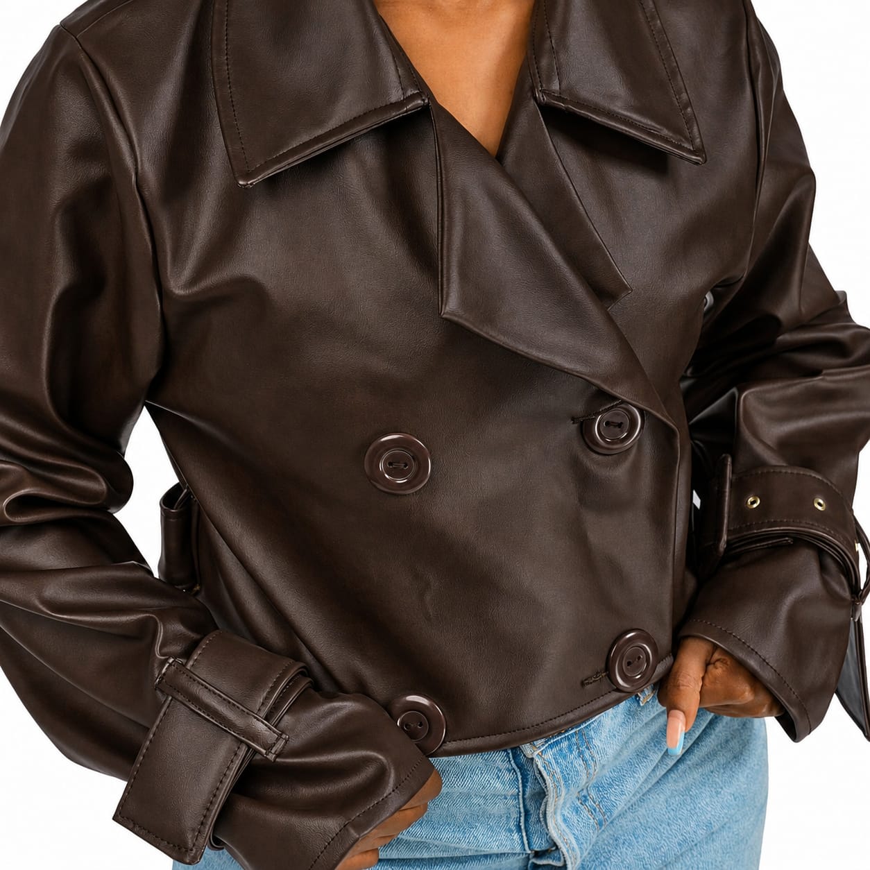 “Espresso Edit” Vegan Leather Crop Trench Coat