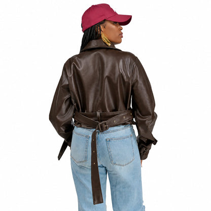 “Espresso Edit” Vegan Leather Crop Trench Coat