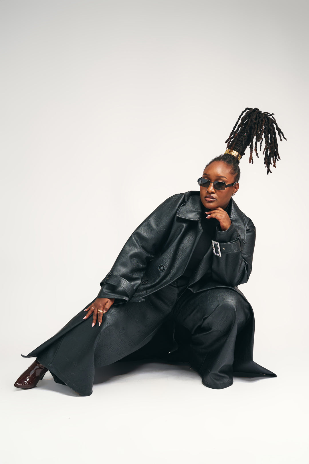 "OBSIDIAN AFFAIR" Vegan Leather Trench & Wide-Leg Pant Set