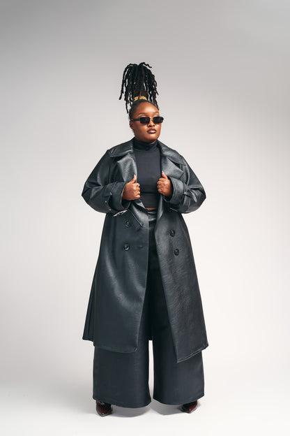 "OBSIDIAN AFFAIR" Vegan Leather Trench & Wide-Leg Pant Set