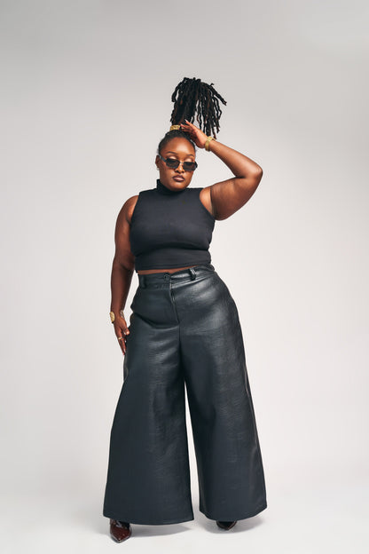 "OBSIDIAN AFFAIR" Vegan Leather Trench and Wide-Leg Pant Set