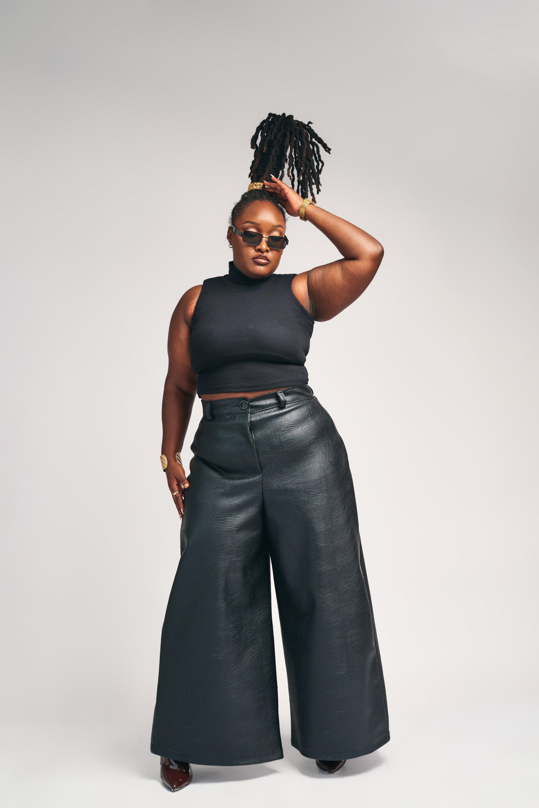 "OBSIDIAN AFFAIR" Vegan Leather Trench & Wide-Leg Pant Set