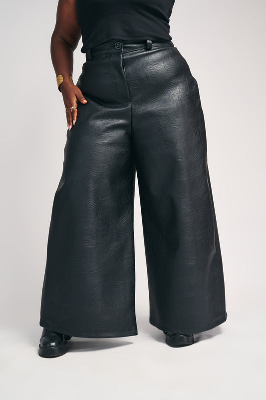 "OBSIDIAN AFFAIR" Vegan Leather Trench and Wide-Leg Pant Set