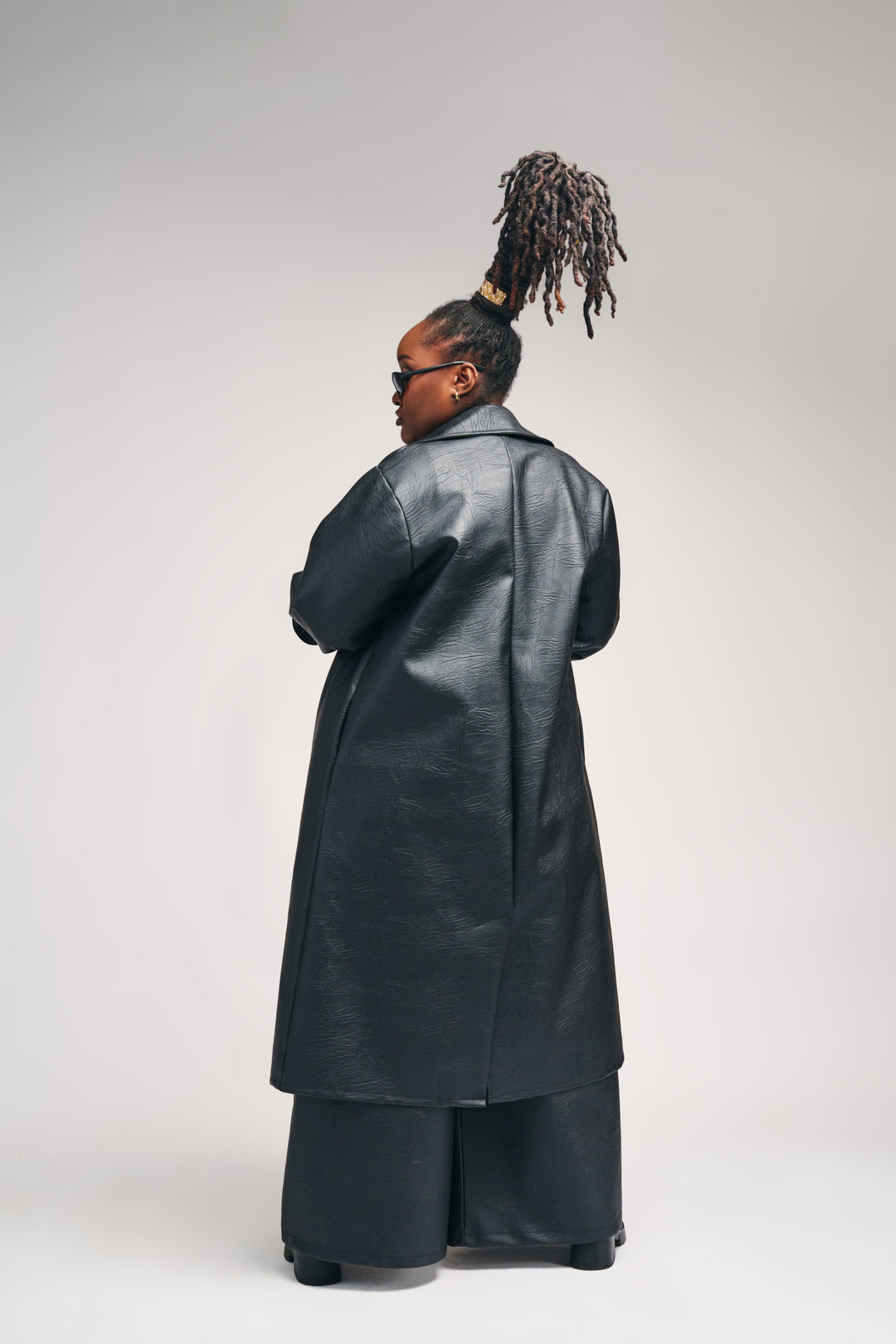 "OBSIDIAN AFFAIR" Vegan Leather Trench & Wide-Leg Pant Set