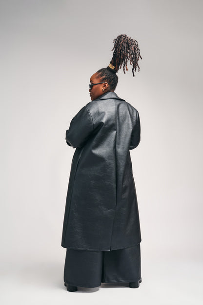 "OBSIDIAN AFFAIR" Vegan Leather Trench & Wide-Leg Pant Set
