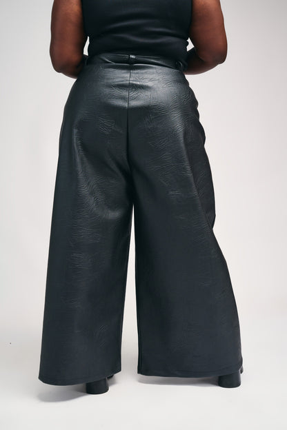 "OBSIDIAN AFFAIR" Vegan Leather Trench and Wide-Leg Pant Set