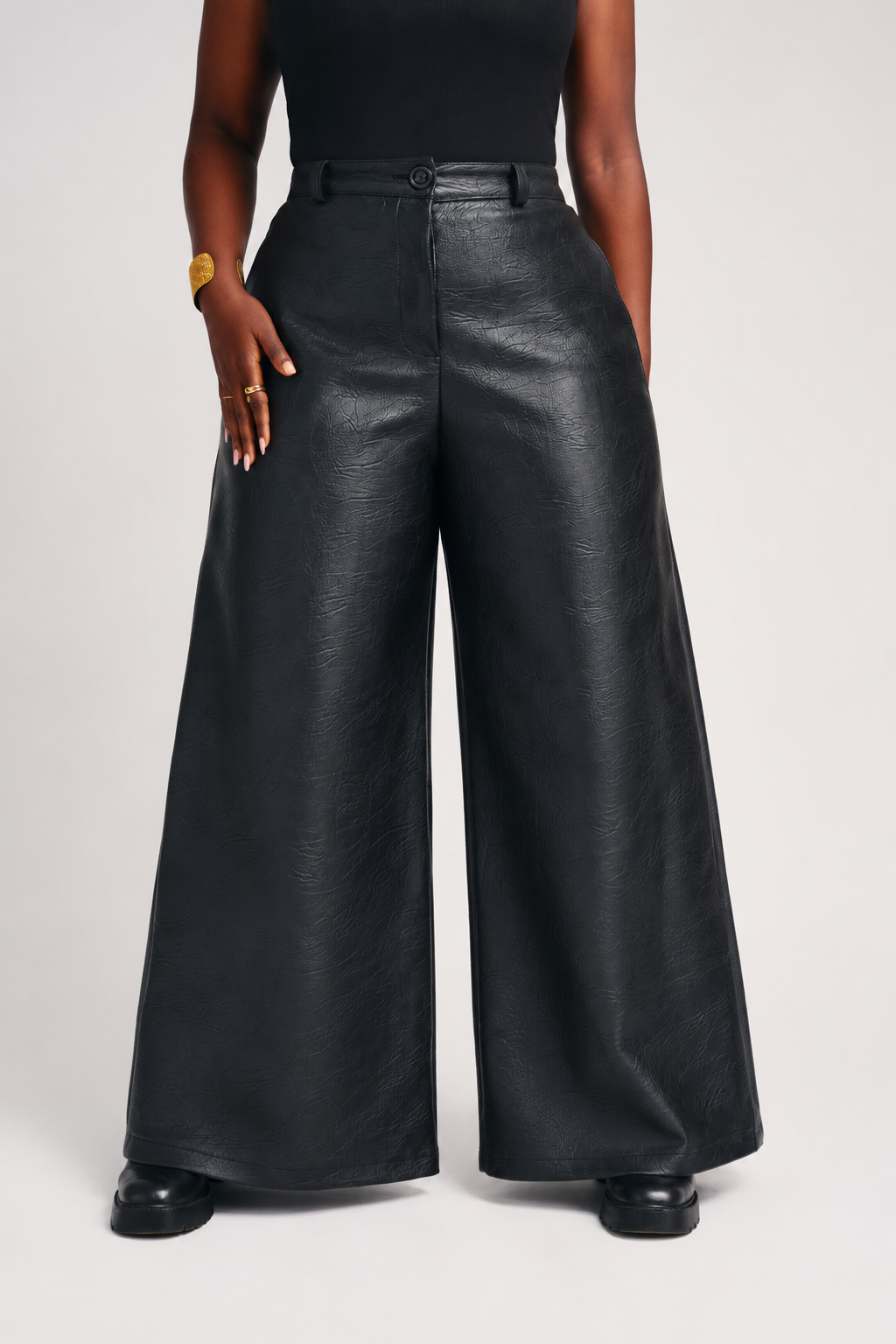 "OBSIDIAN AFFAIR" Vegan Leather Trench and Wide-Leg Pant Set