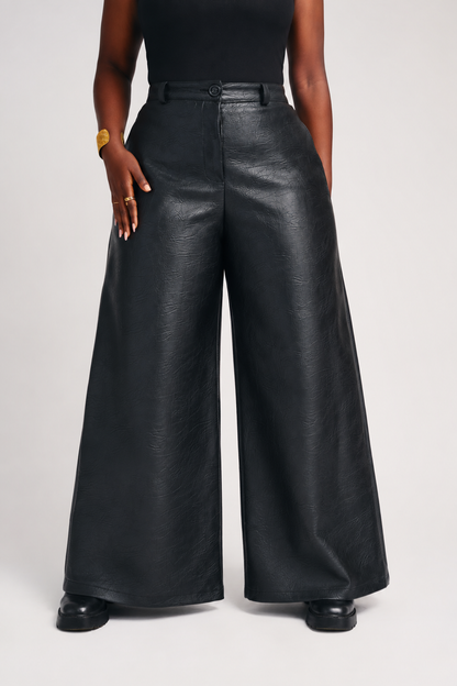 "OBSIDIAN AFFAIR" Vegan Leather Trench and Wide-Leg Pant Set