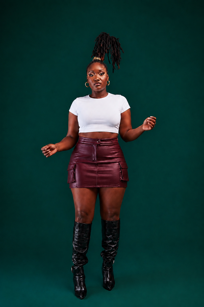 “Bordeaux Icon” Vegan Mini Cargo Skirt
