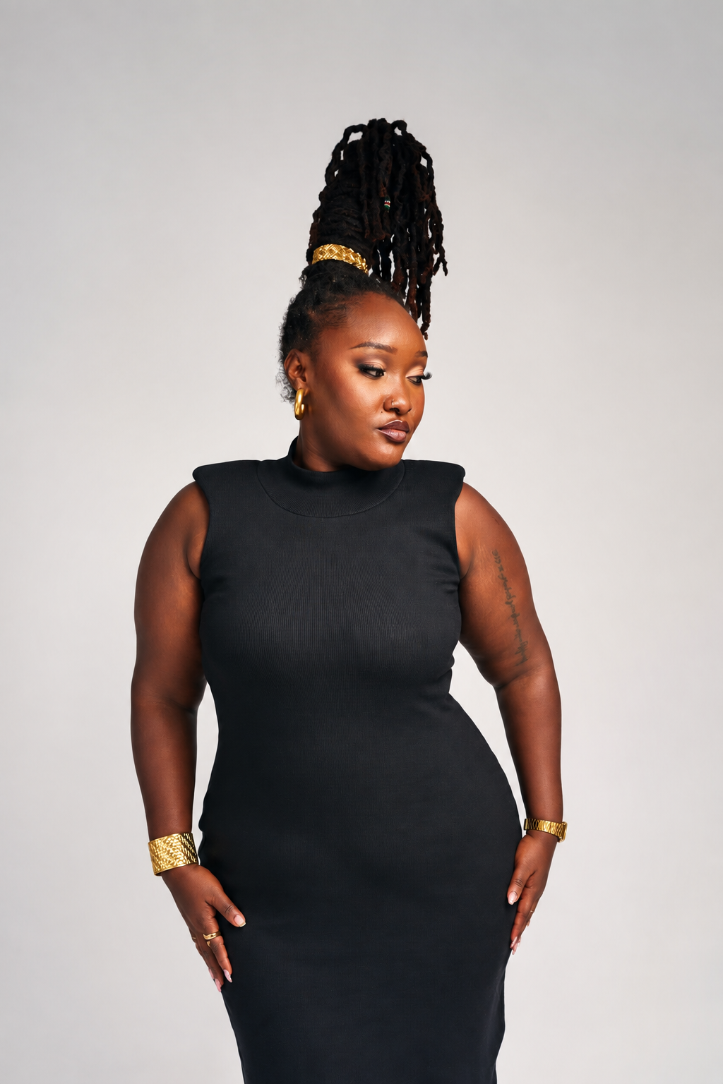 “Never Basic” Padded Shoulder Ribbed Dress