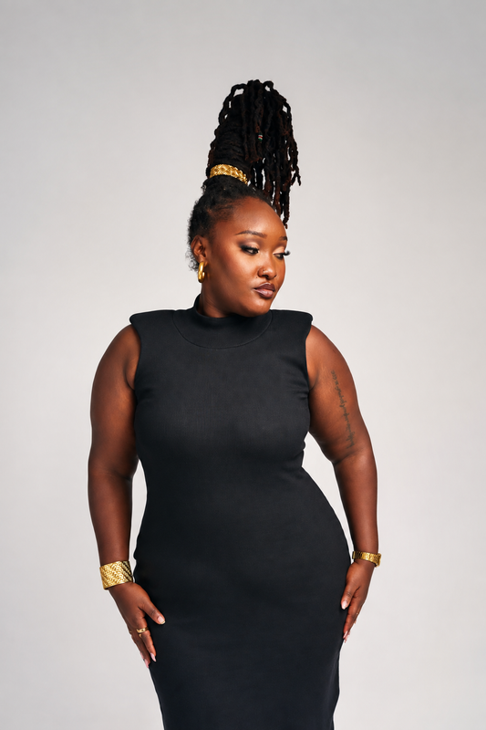 “Never Basic” Padded Shoulder Ribbed Dress