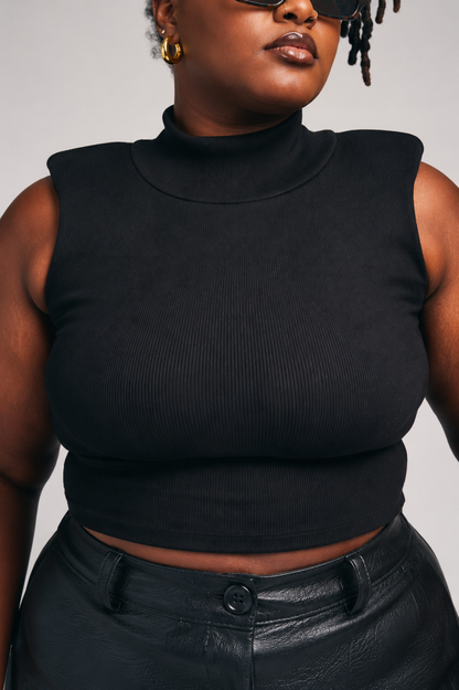 “Never Basic” Padded Shoulder Ribbed Crop Top