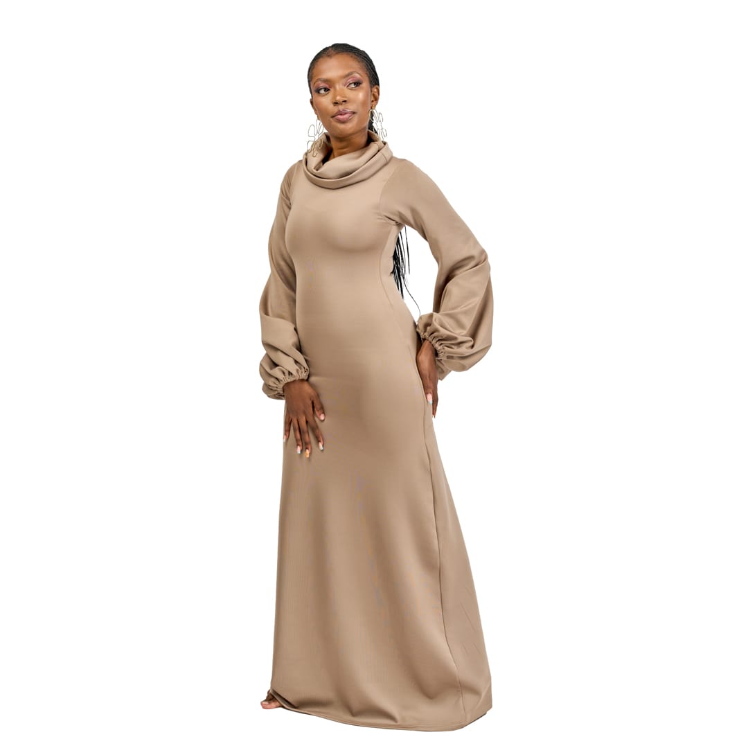 "Neyx" Cowl Neck Lantern Sleeve Bodycon - Taupe