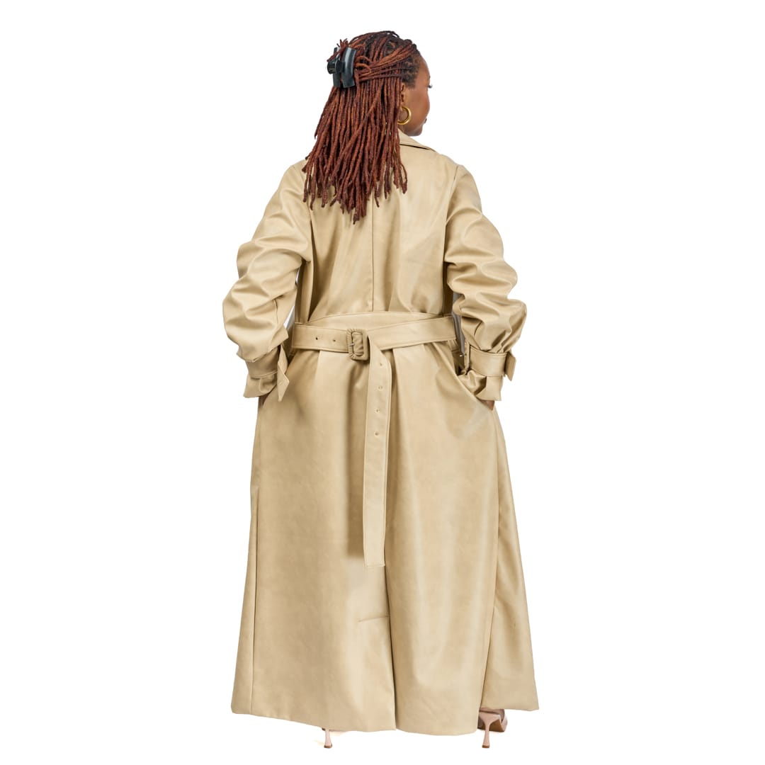 “Soft Power” Beige Vegan Leather Trench Coat