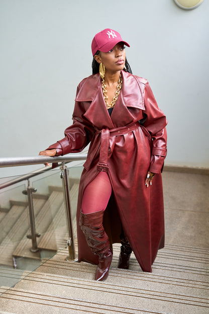 “Bordeaux Energy” Vegan Leather Trench Coat