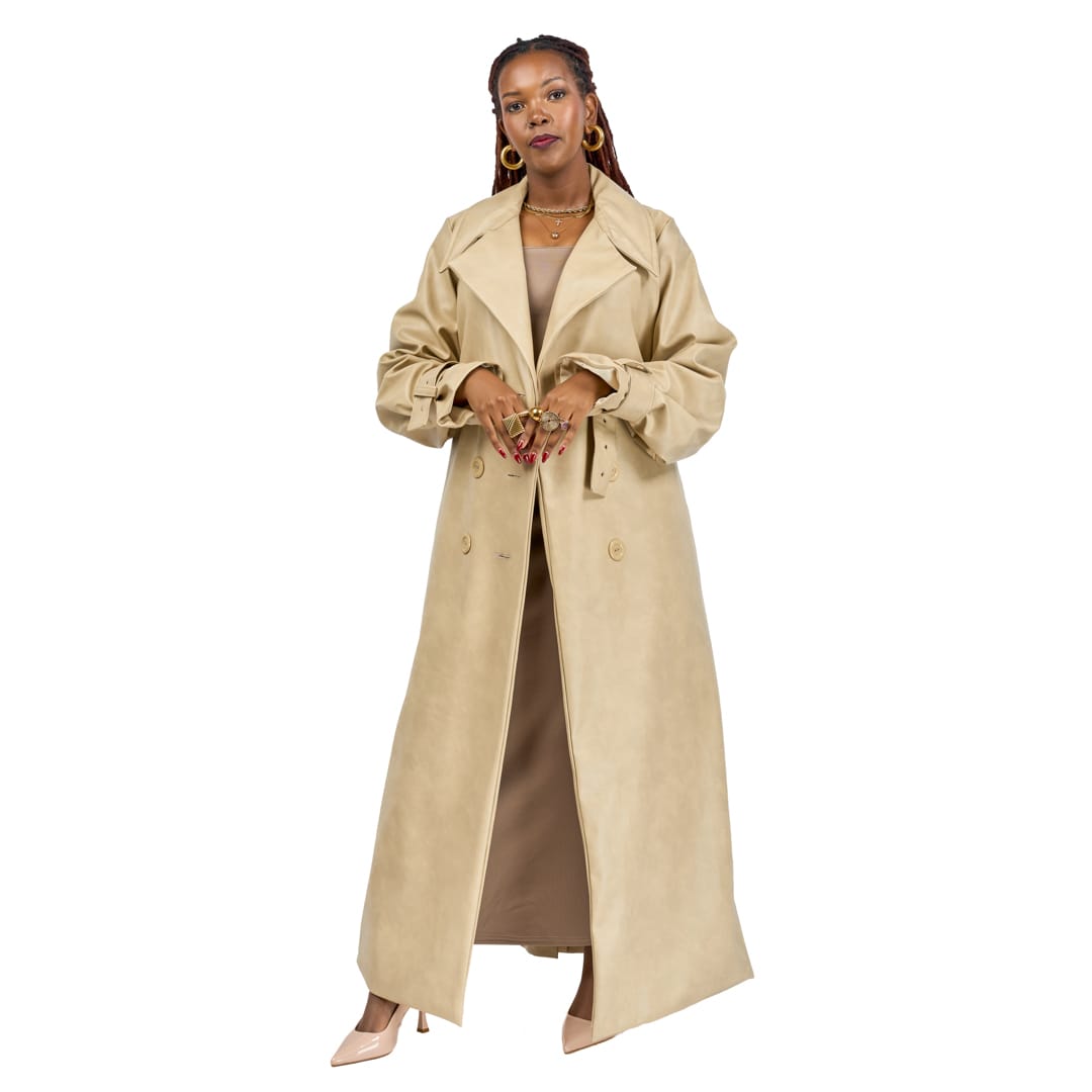 “Soft Power” Beige Vegan Leather Trench Coat