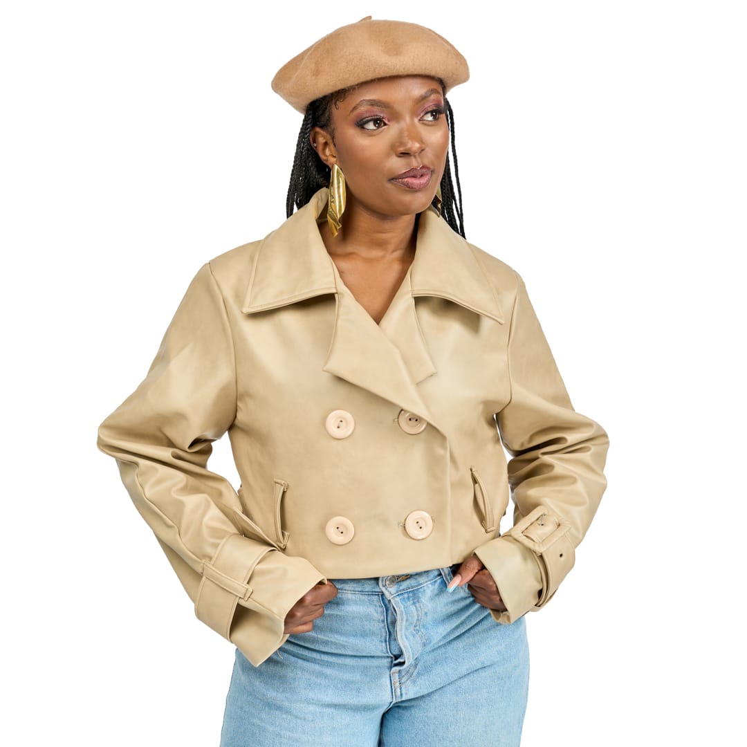 “Soft Power” Beige Vegan Leather Crop Trench Coat