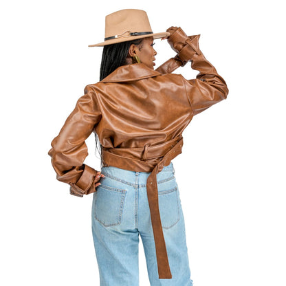 “Caramel Code” Vegan Leather Crop Trench Coat