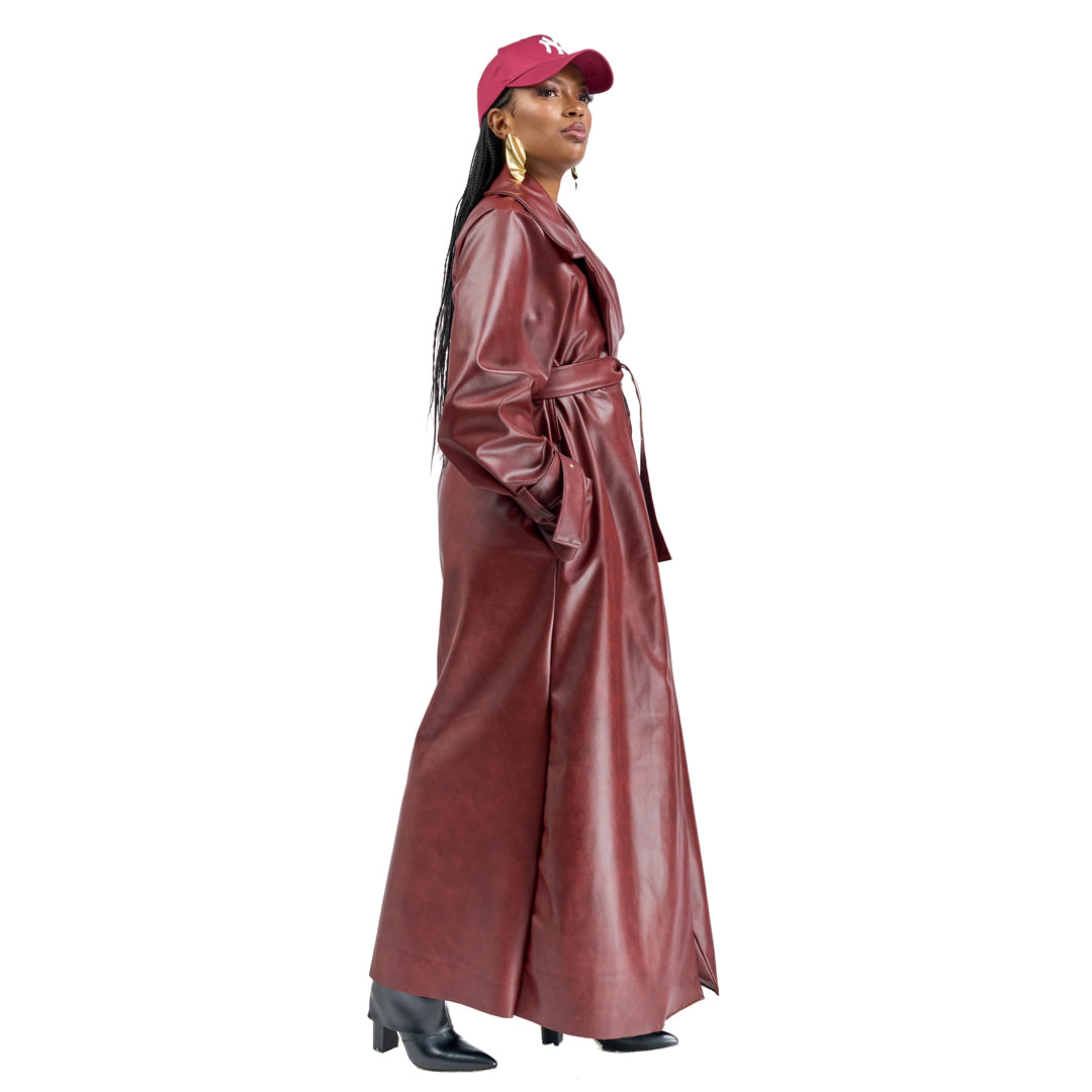 “Bordeaux Energy” Vegan Leather Trench Coat