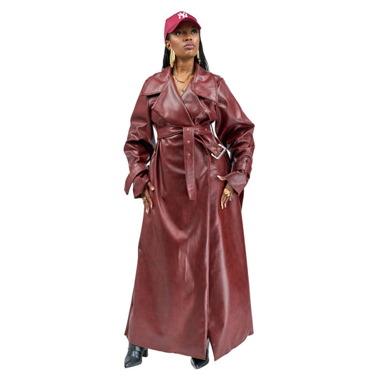 “Bordeaux Energy” Vegan Leather Trench Coat