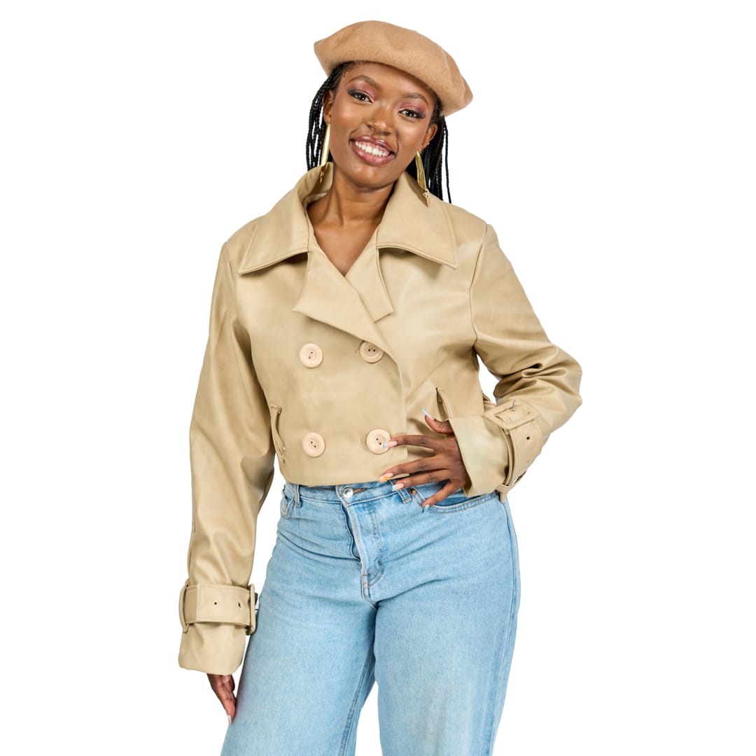 “Soft Power” Beige Vegan Leather Crop Trench Coat