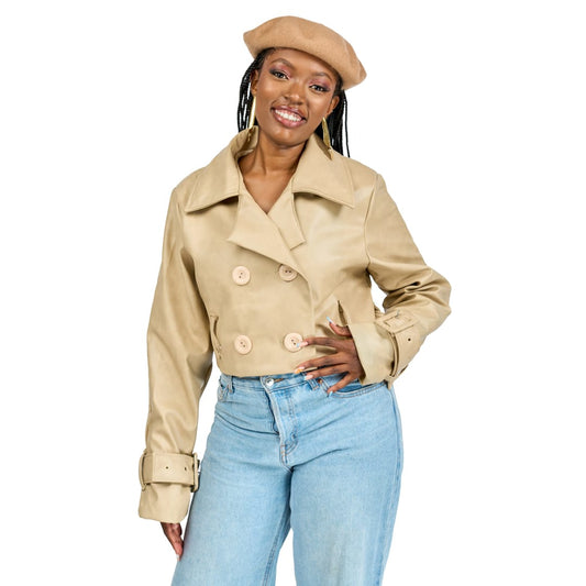 “Soft Power” Beige Vegan Leather Crop Trench Coat
