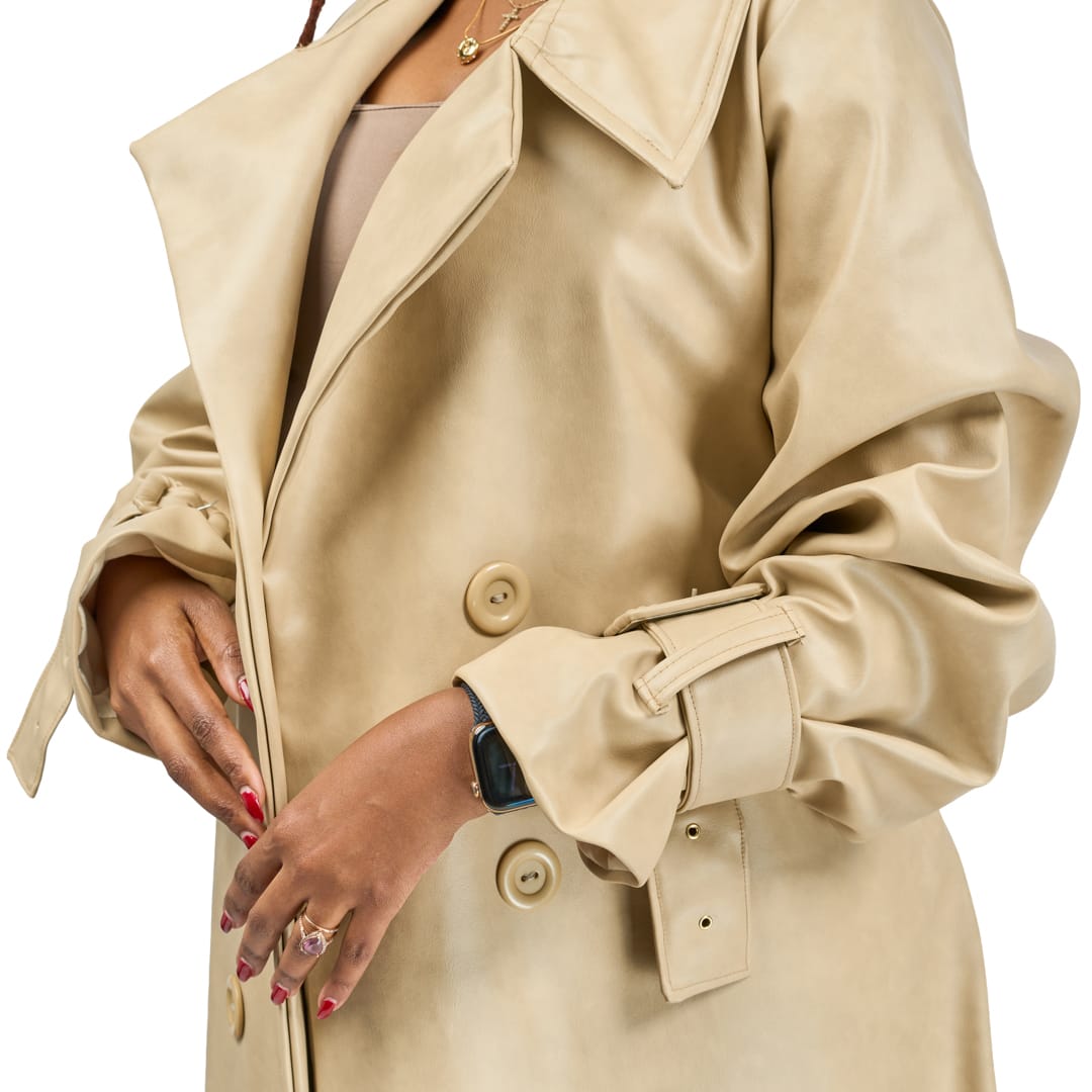 “Soft Power” Beige Vegan Leather Trench Coat