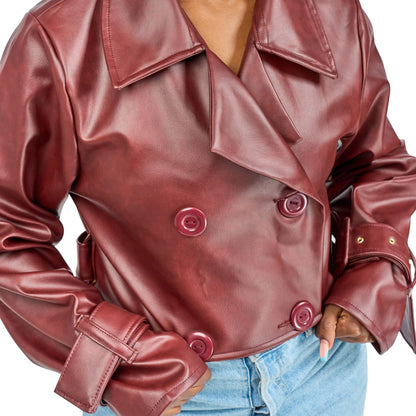 “Bordeaux Energy” Vegan Leather Crop Trench Coat