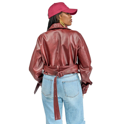 “Bordeaux Energy” Vegan Leather Crop Trench Coat