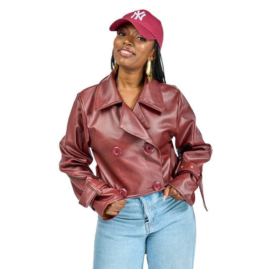 “Bordeaux Energy” Vegan Leather Crop Trench Coat