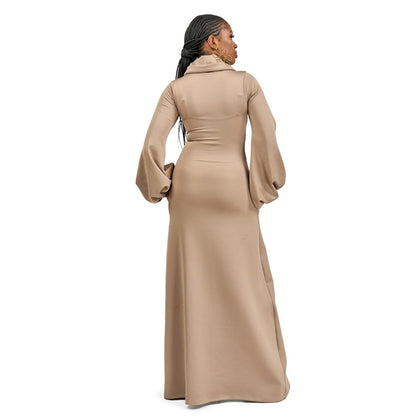 "Neyx" Cowl Neck Lantern Sleeve Bodycon - Taupe