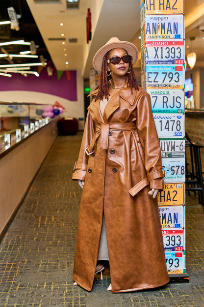 “Caramel Code” Vegan Leather Trench Coat
