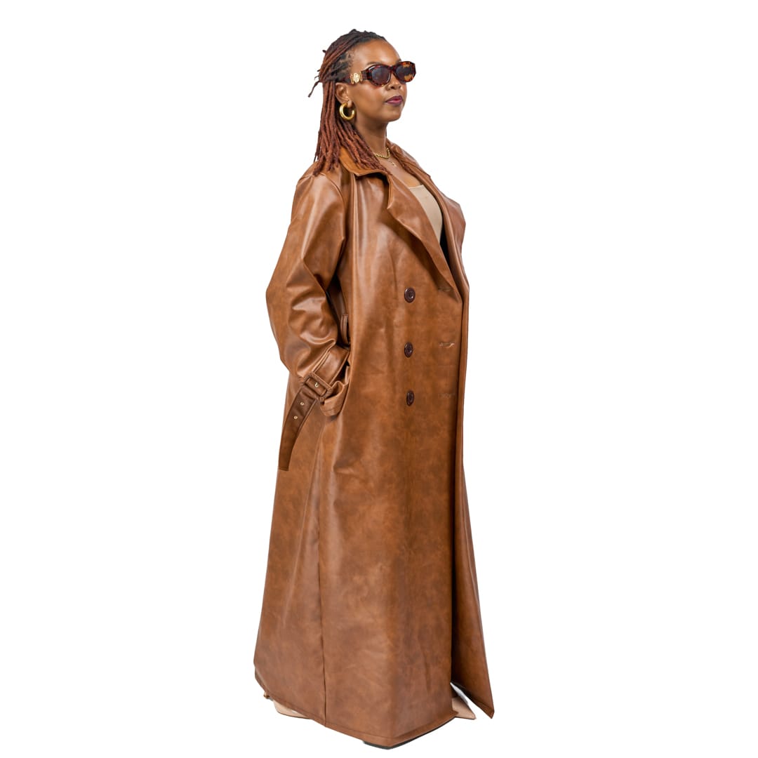 “Caramel Code” Vegan Leather Trench Coat