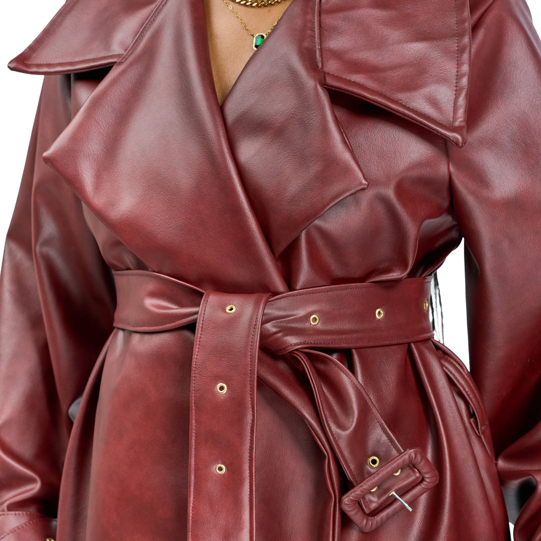 “Bordeaux Energy” Vegan Leather Trench Coat
