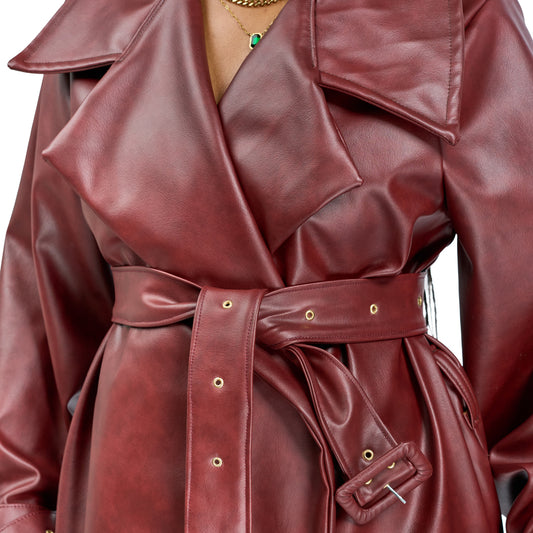 “Bordeaux Energy” Vegan Leather Trench Coat