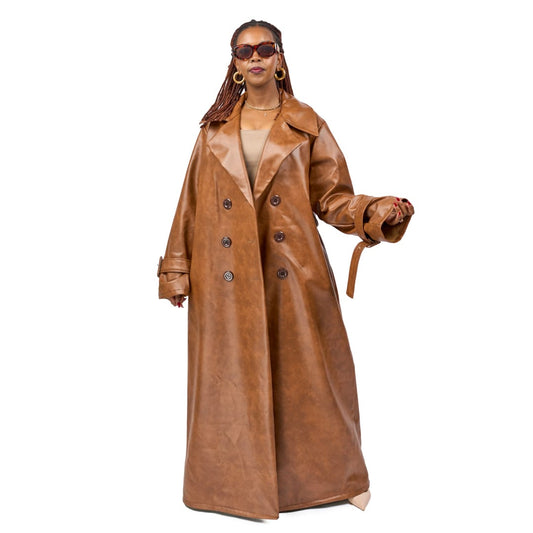“Caramel Code” Vegan Leather Trench Coat