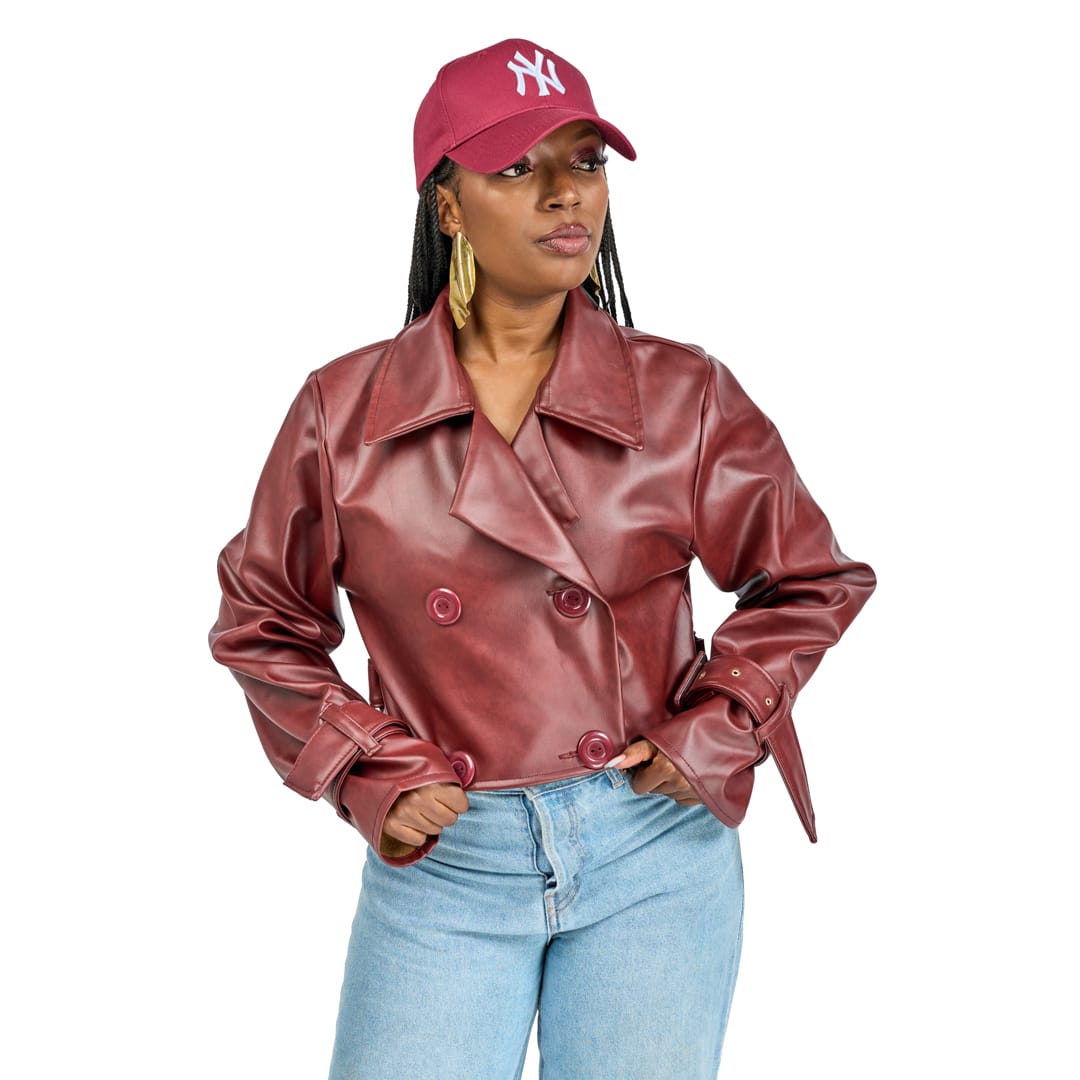 “Bordeaux Energy” Vegan Leather Crop Trench Coat