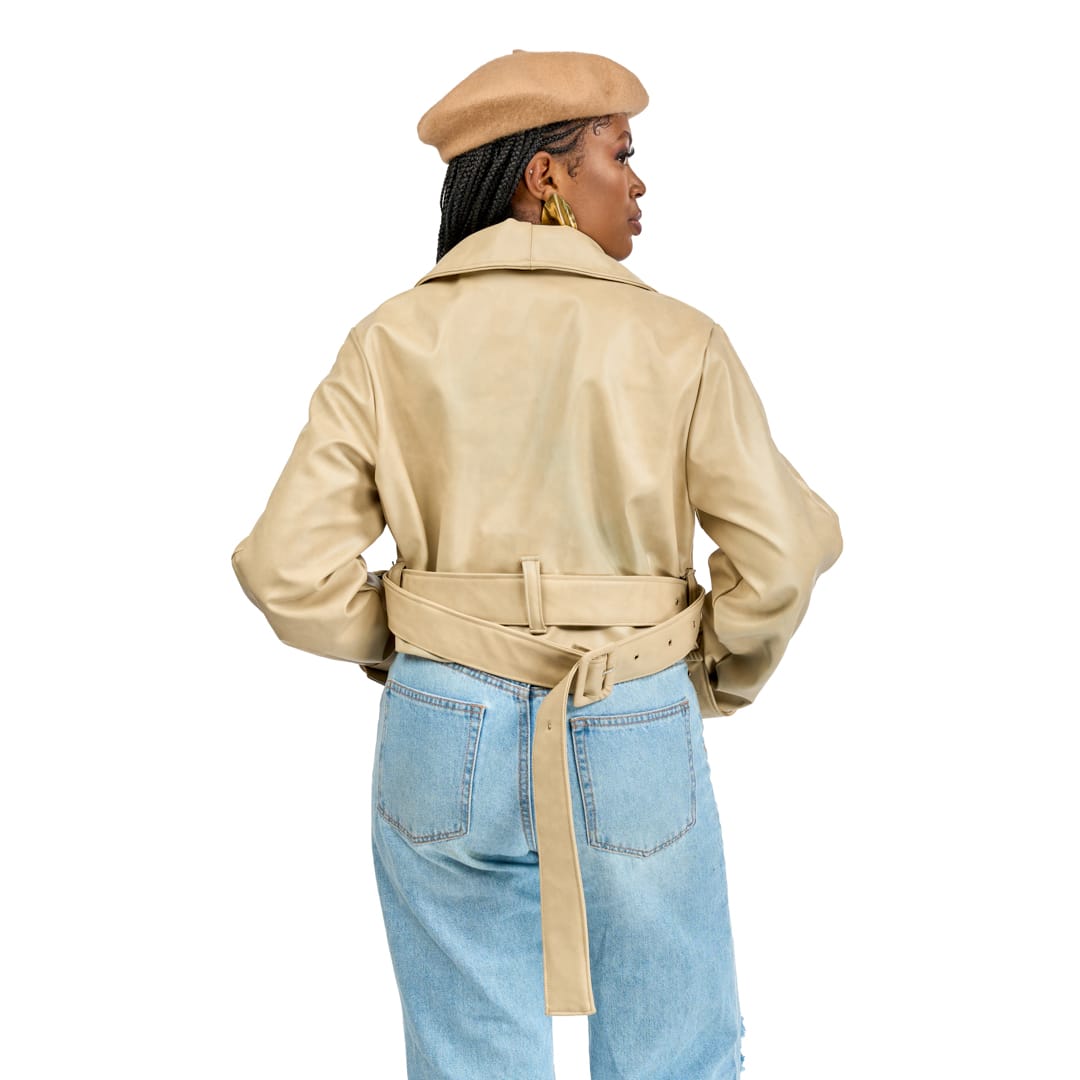 “Soft Power” Beige Vegan Leather Crop Trench Coat