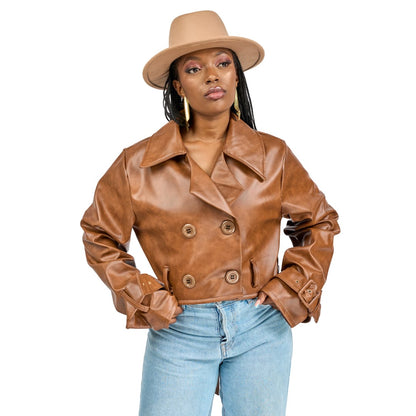 “Caramel Code” Vegan Leather Crop Trench Coat