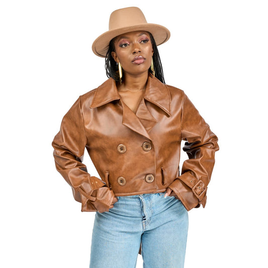 “Caramel Code” Vegan Leather Crop Trench Coat