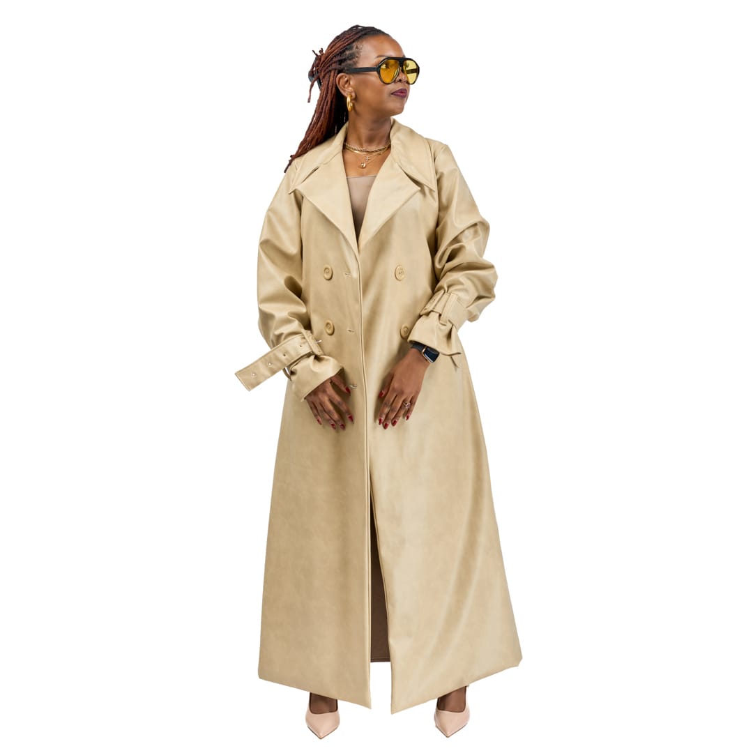“Soft Power” Beige Vegan Leather Trench Coat
