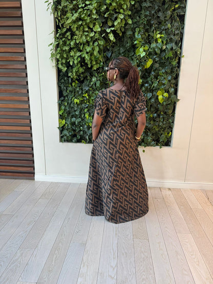 "Vacation ready"Printed Maxi Dress Black & Brown - Big Print
